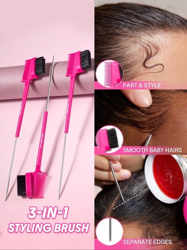 SHEGLAM HAIR Locked in Outil de coiffure 3-en-1 Edge Bestie, brosse à cheveux avec peigne à queue, brosse de coiffage, lissage des petits cheveux, séparation et coiffage, brosse de coiffage polyvalente, peigne de contrôle double face et brosses à sourcils