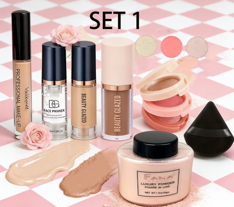 Kit de maquillage visage 7 pièces tout-en-un pour femmes débutantes, fond de teint couvrance totale, -cernes, base de maquillage, crème de contour, palette 3-en-1 fard à joues et enlumineur, poudre de finition, houppette à maquillage, facile à transporter