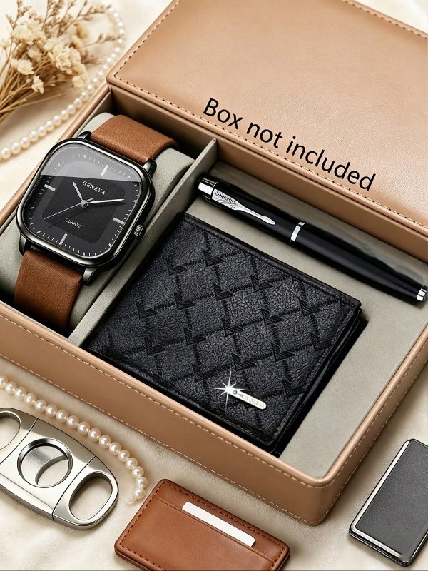 3 pièces Ensemble de montres mode affaires pour hommes, comprenant une montre carrée à quartz avec boîtier noir, cadran noir et bracelet  marron, un portefeuille court  noir avec motif diamant gaufré et un stylo signature d'affaires. La montre présente un