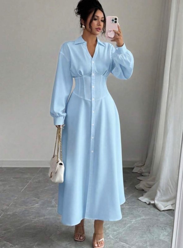 Modelyn Robe femme avec col chemise et design de taille cintrée, couleur blanche