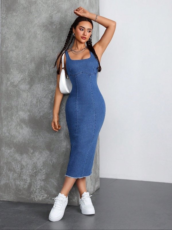 Tall Robe en jean mi-longue ajustée pour femmes avec épaules dénudées, encolure carrée, élastique, adaptée aux fêtes