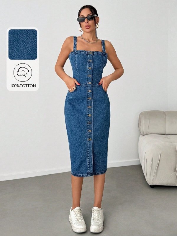 EURMUSE Robe mi-longue en denim avec boutons, poches obliques