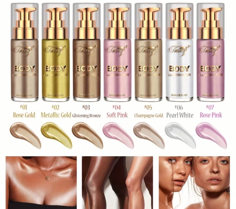 Poudre hydratante imperméable 30 ml/1,06 oz pour le visage et le corps, offrant une finition brillante. Idéale pour un Cosmétique éclaircissant du visage, du corps et du cou, offrant une brillance longue durée.