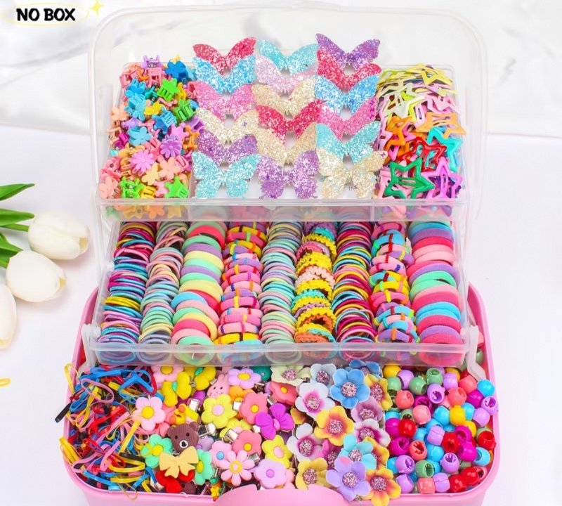 Ensemble de 214 pièces d'accessoires colorés pour cheveux (sans boîte), comprenant des élastiques colorés, des papillons, des fleurs, des étoiles, des figurines de dessins animés et autres pinces à cheveux et petites pinces, couleurs aléatoires.