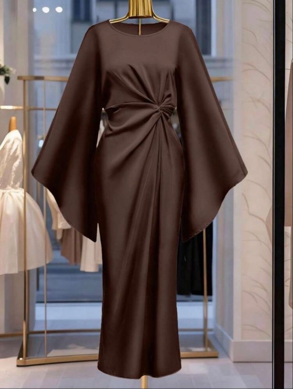 Franclia Robe de soirée en satin couleur champagne, design torsadé col rond, manches évasées ajustées longues, idéale pour les événements/fêtes formels