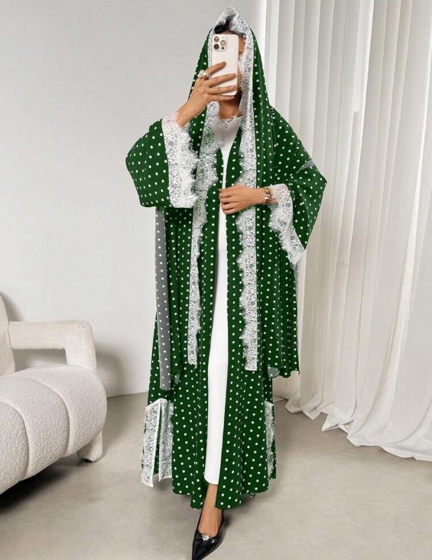 Abaya à capuche à manches longues avec imprimé à pois et patchwork en dentelle pour femmes, printemps