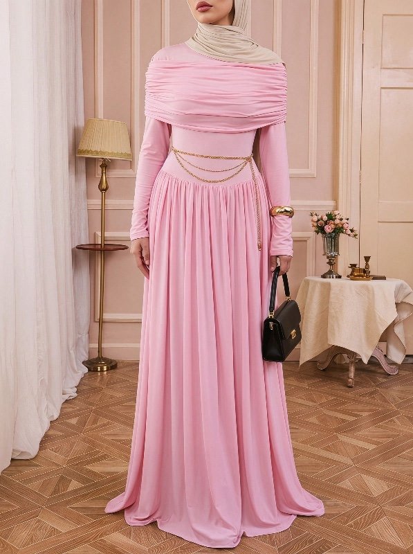 Solessence Robe élégante de mode arabe rose printemps pour femmes, en tricot unicolore, avec col châle froncé, double couche, taille évasée, sexy et élégante