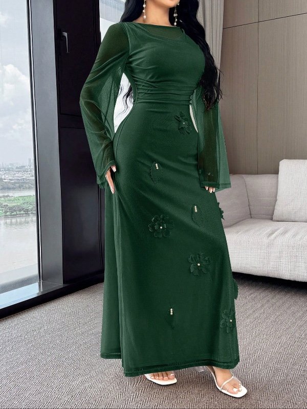 Feyla Robe de style arabe avec décor floral en maille contrastée et taille cintrée pour femmes