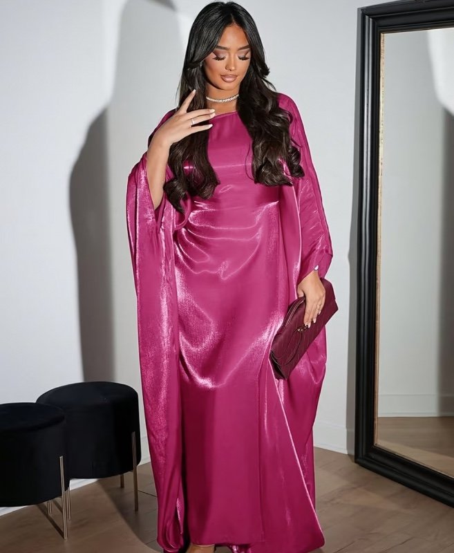 Élégante robe maxi rose à manches chauve-souris pour femmes - Coupe ample, manches longues, couleur unie, style décontracté, parfaite pour le quotidien, confort toutes saisons, tenue décontractée