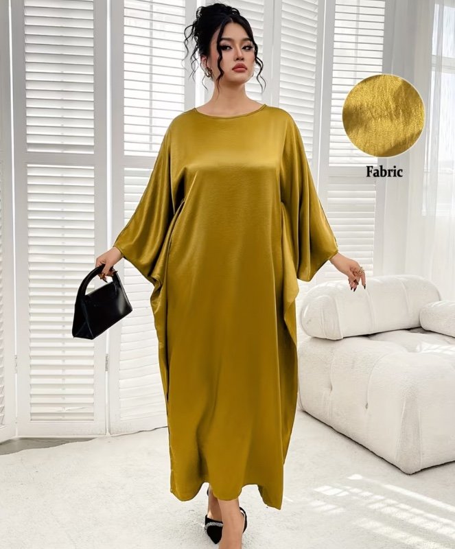 [Robe Élégante Taille Grande] Robe Élégante Taille Grande 1 Pièce Col Rond Manches Ballon Longue Mode Moyen-Orient Solide
