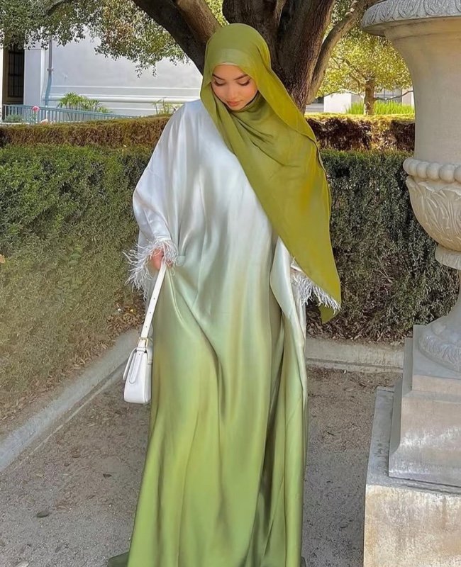 Taille plus - 1 robe élégante de taille plus en turc - Abaya verte et blanche à manches longues et longueur de sol, coupe ample pour femmes, vêtements décontractés toutes saisons, robe décontractée | Abaya fluide | Tissu non extensible