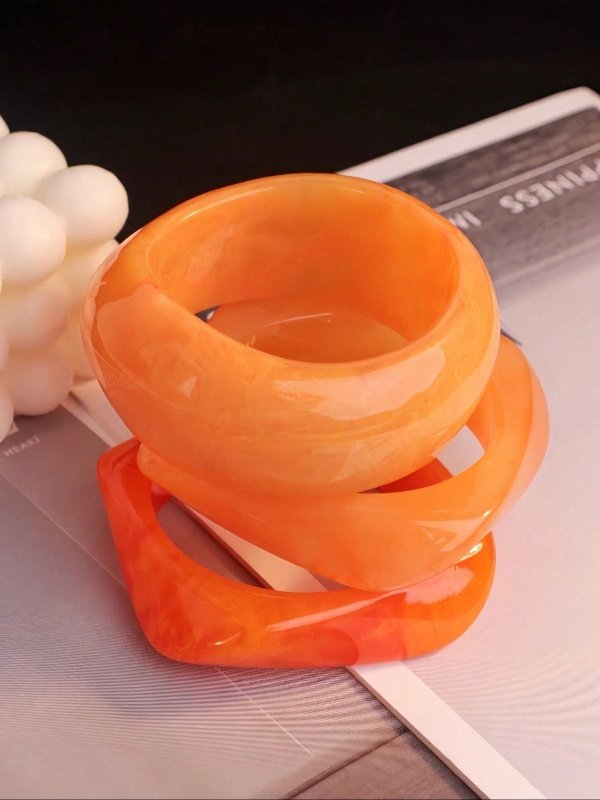 3 pièces Ensemble de bracelets en résine orange, combinaison élégante et minimaliste de bracelets teints, peuvent être portés séparément ou empilés, convient pour le port quotidien.