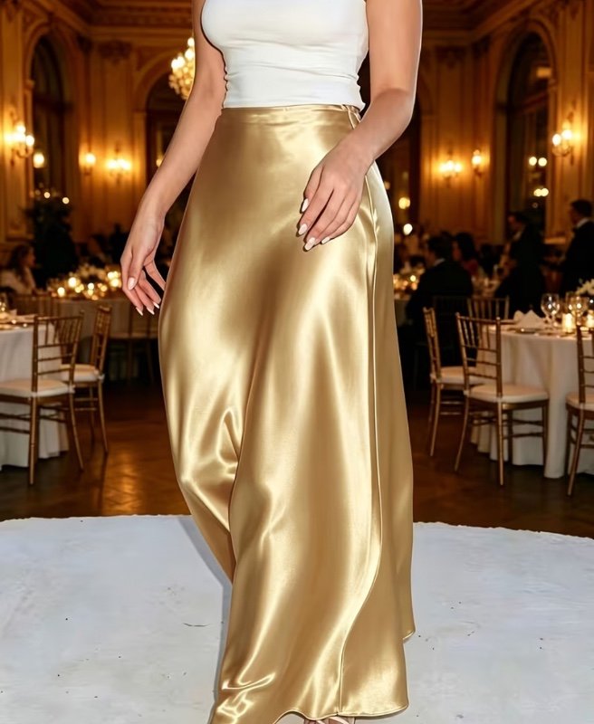 [Élégance française] Jupe Midi en Satin Élégante Style Français, Jupe A-Line Fluide et Évasée, Robe Chic Mature Haut de Gamme