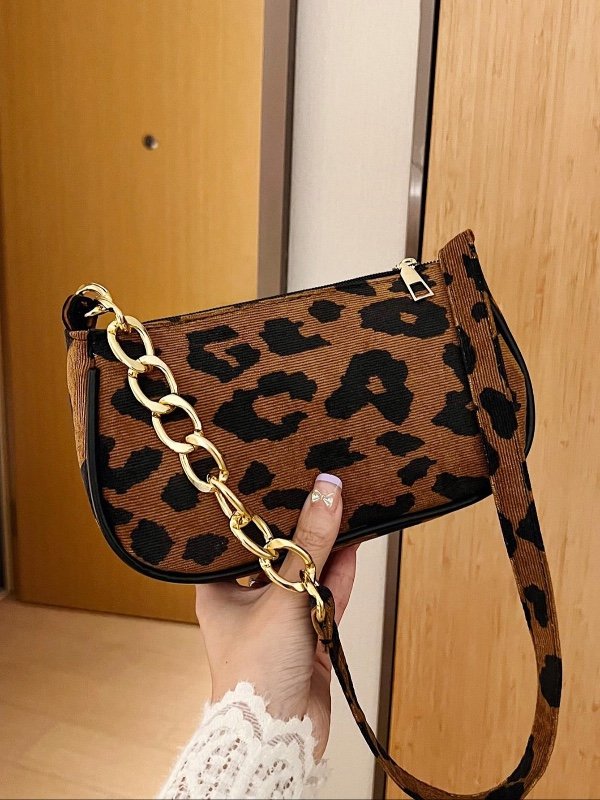 Sac hobo à motif léopard avec bandoulière chaîne tendance, sac à motif léopard, sac à main tendance pour femme (motif guépard) pour l'automne-hiver, nouveau sac pour femme à motif tigre pour l'automne-hiver, motifs léopard et guépard.