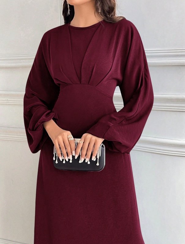 Modelyn Robe élégante à manches lanternes et encolure ronde de couleur unie pour femmes, robe de soirée longue