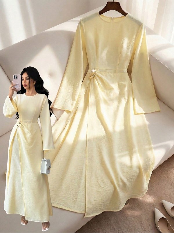 Elenzga Robe longue à manches longues en tissu texturé jaune avec effet 2 en 1, avec décoration métallique à la taille et ourlet évasé, élégante pour le printemps/été pour femmes
