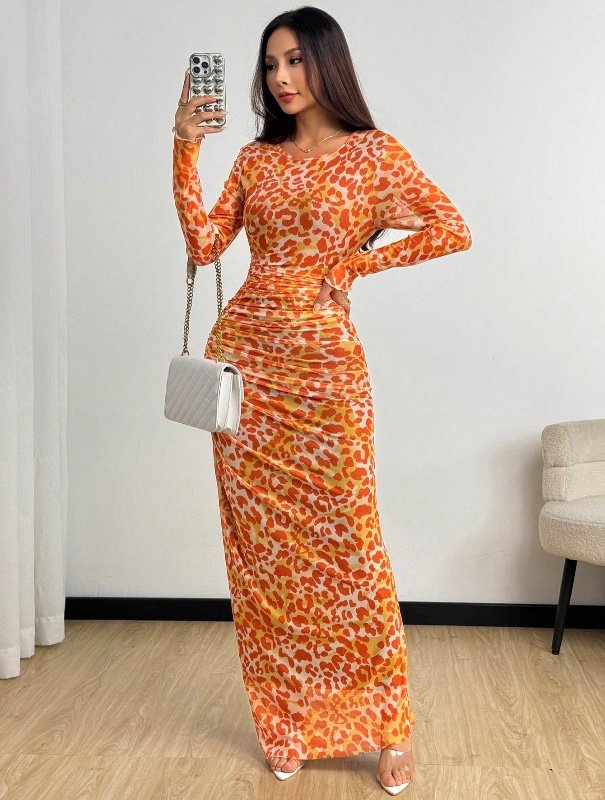 Rafferiza Robe longue élégante pour femmes avec imprimé léopard, ajustée, en maille transparente à manches longues, convient pour le printemps et l'automne