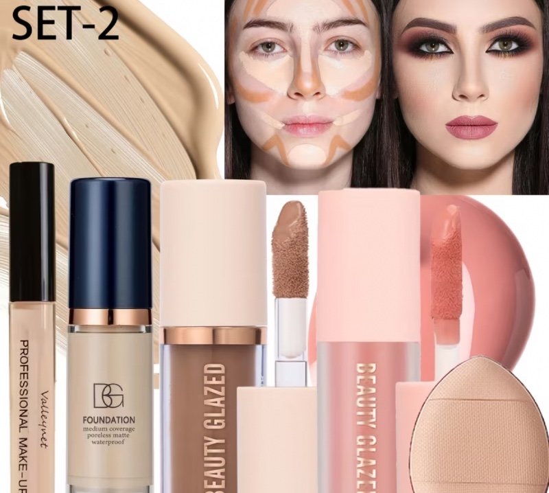 Set de 5 pièces : Fond de teint + -cernes + Contour + Fard à joues + Houppette à pouce. Un ensemble de maquillage de base parfait, longue tenue, imperméable et résistant à la transpiration, avec une finition mate. Convient aux débutants et au maquillage