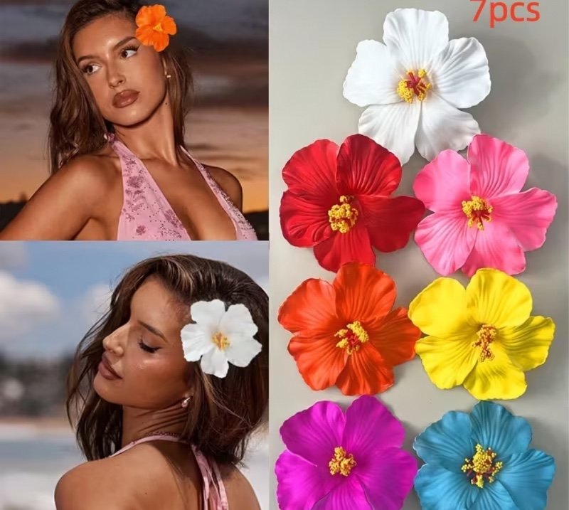 Pinces à cheveux à fleurs hawaïennes en 7 couleurs | Griffes à cheveux hibiscus et lotus pour femme, accessoires de cheveux bohèmes à fausses fleurs, accessoires photo pour fête de plage d'été, (Pinces à cheveux / Barrettes