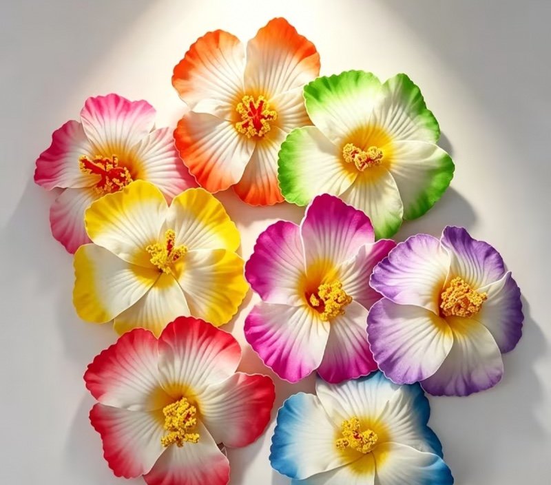 8 pinces à cheveux dégradées en forme d'hibiscus, accessoires de cheveux bohèmes et mignons pour les vacances en bord de mer. Multicolores en option, adaptées à toutes les textures et volumes de cheveux. Idéales pour le quotidien, les voyages, les fêtes,