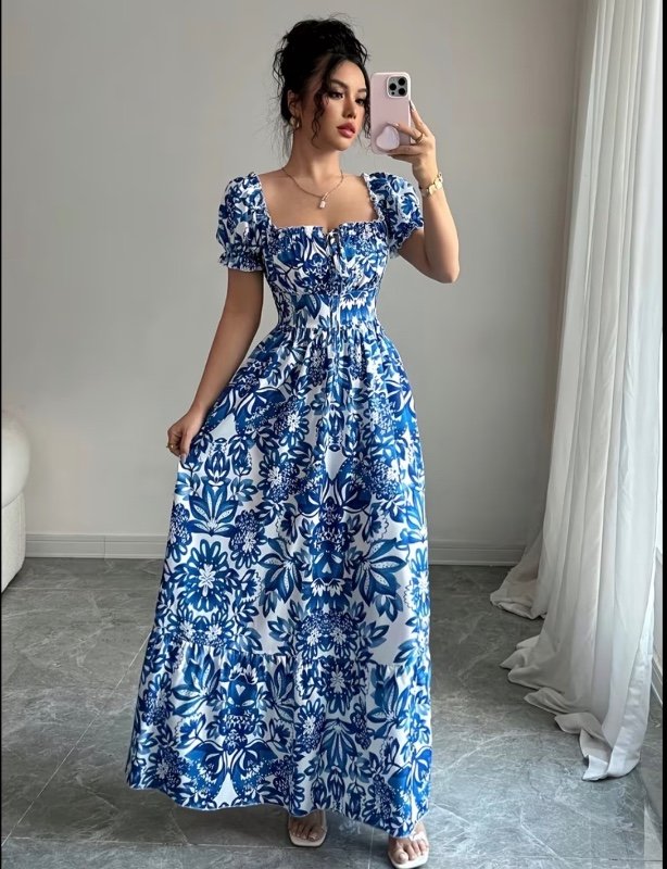 Robe longue élégante à manches bouffantes imprimées Gugu