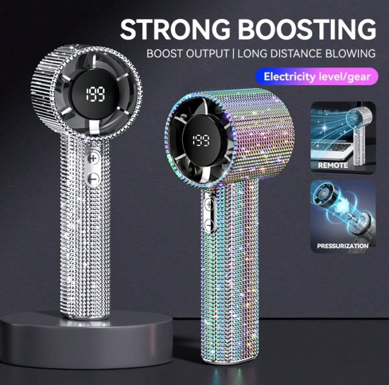 Ventilateur électrique portable de luxe avec diamants, ventilateur turbo à 199 vitesses réglables avec affichage LED, rechargeable USB, cadeau d'été pour la maison, le bureau et l'extérieur