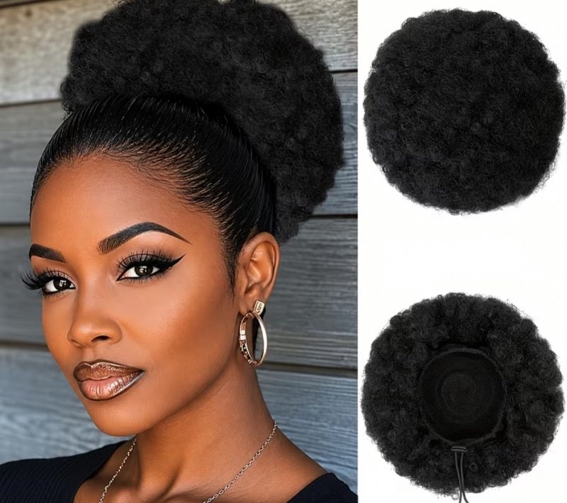 Perruque Chignon Afro Bouffant AMECIRE pour Femme, Postiche en Cheveux Humains avec Cordon de Serrage Réglable, Extensions de Dreadlocks Afro Bouclés/Crépus, Rehausseur de Volume et de Longueur pour un Aspect Naturel pour le Quotidien et les Occasions Spé