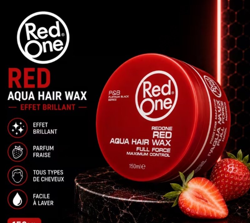 RedOne Red Rouge Hair Wax 150 ML – Cire Coiffante Red One Cheveux Homme Effet Brillant – Wax Styling Professionnelle Fixation Forte Longue Durée Parfum Fraise – Gel Coiffant Barber Professional Tous Types de Cheveux – Idée Cadeau Homme Été Vacances Look M