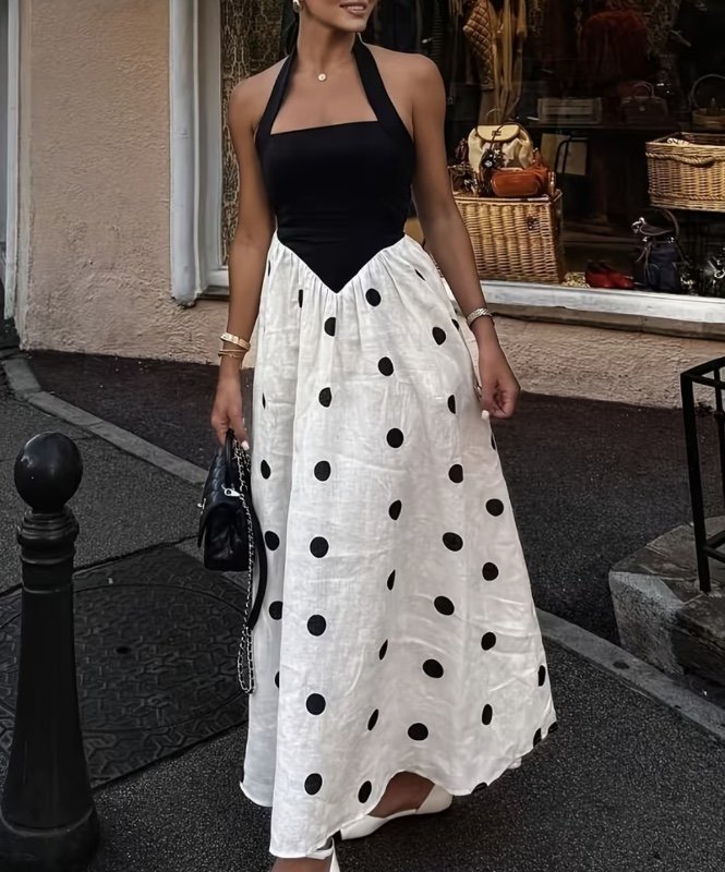 Robe à pois pour femmes, élégante et romantique, style bohème avec taille marquée.