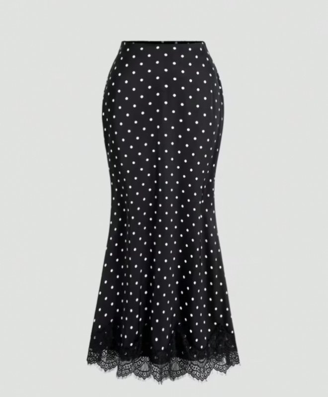 Nouvelle Jupe Mi-Longue Femme Tendance Mode Commuter à Pois, Taille Haute, Coupe Slim, Ourlet, Garniture en Dentelle, Idéale pour les Rendez-vous, le Shopping, les Vacances, à Combiner