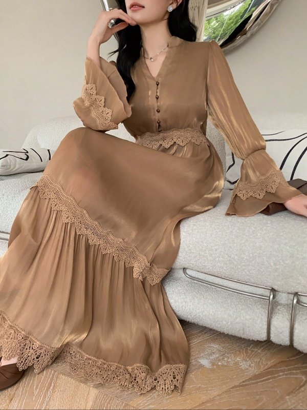 DAZY Robe ample en dentelle avec jupe évasée, couleur or