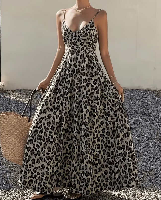 Robe élégante à bretelles avec cordon de serrage sur le dos et imprimé