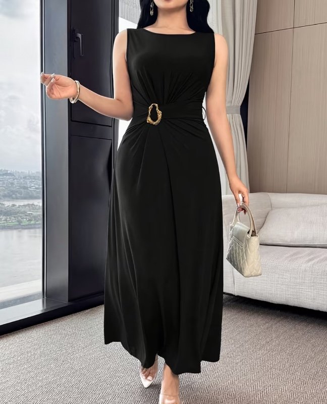 Robe cintrée sans manches style Moyen-Orient, jupe longue ornée d'une boucle métallique, robe élégante pour femme (style « luxe discret ») adaptée au travail ou aux soirées.