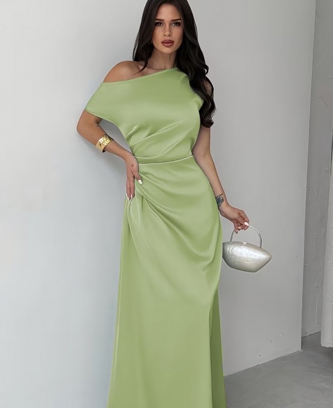 Robe élégante pour femme, coupe sirène et jupe plissée, avec manche asymétrique ; idéale pour les rendez-vous, les vacances, les mariages, les événements, la rentrée, les cérémonies de remise des diplômes ou comme robe de demoiselle d'honneur.