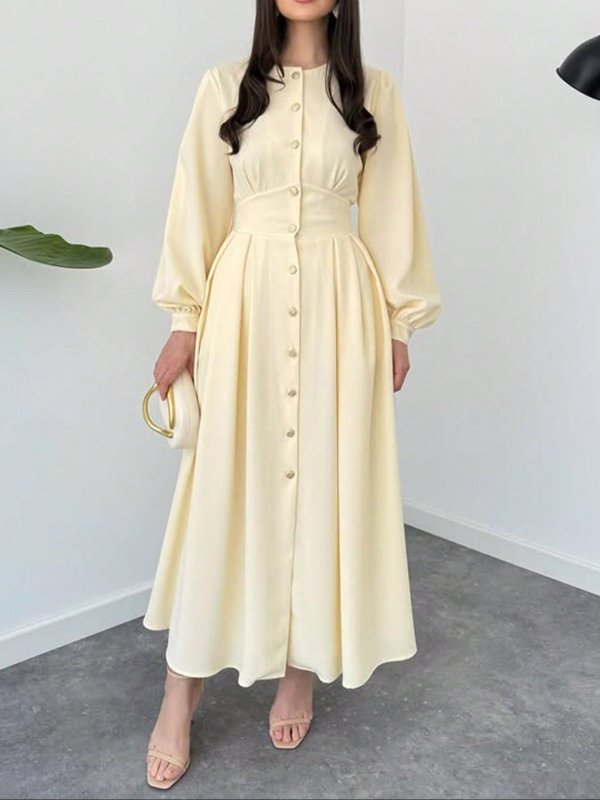 Robe décontractée élégante pour femme, manches longues, boutonnage simple, couleur unie, tissu tissé, pour le printemps