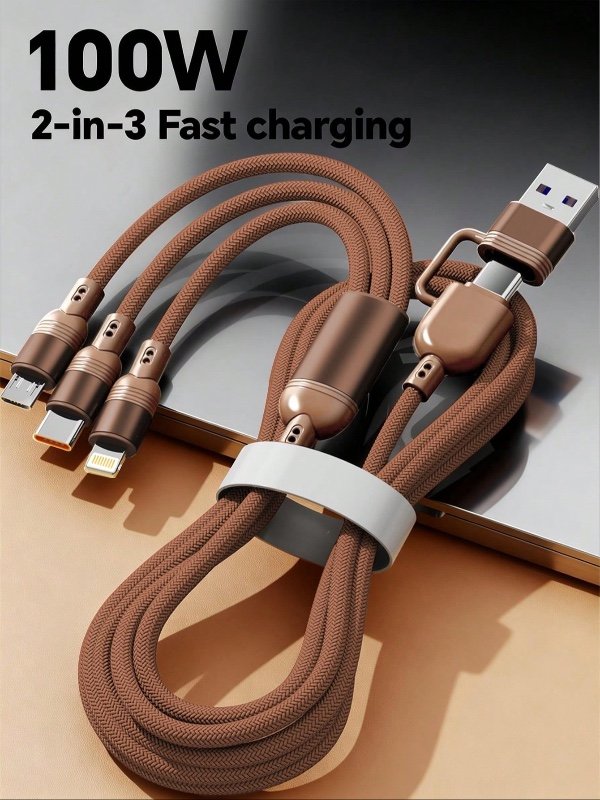 Câble de charge rapide Durcord 3-en-1 100 W (max.) – USB-A/USB-C vers Lightning – Câble tressé en nylon – Compatible avec smartphones, appareils Android, USB-C et Micro-USB, batteries externes et chargeurs (universel)