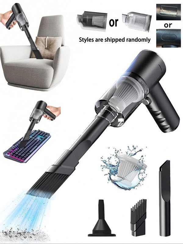 Mini-aspirateur sans fil multifonction avec divers embouts, fonctions soufflage et aspiration, rechargeable par USB ; idéal pour le nettoyage de la maison, les poils d'animaux sur le bureau, les claviers et l'intérieur de la voiture (modèle compact).