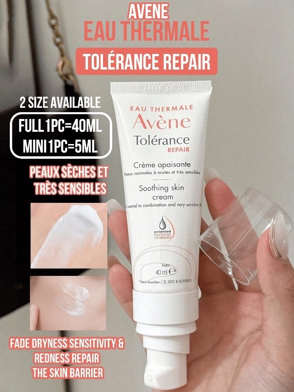 Crème réparatrice Avène (format standard 40 ml / échantillon 5 ml) : apaisante et réparatrice, soulage la sécheresse, texture légère, convient aux peaux normales à mixtes.