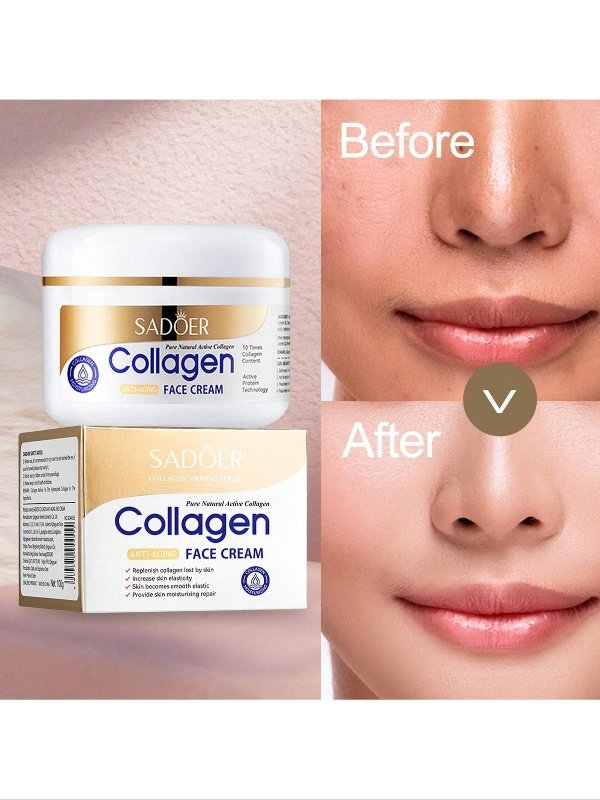 Crème anti-rides au collagène SADOER (100 g) – Crème de nuit hydratante, illuminatrice, nourrissante et raffermissante ; soin hydratant pour le visage ; améliore l'élasticité et revitalise la peau ; convient à tous les types de peau.
