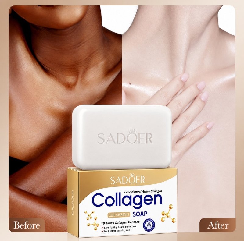 Savon purifiant multi-effets au collagène osseux SADOER (1 pièce) – Savon artisanal rafraîchissant, non gras et éclaircissant ; élimine les taches brunes et illumine le teint ; nettoyage en profondeur et régulation du sébum ; hydrate et nettoie la peau ;