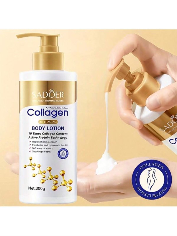Lait corporel hydratant au collagène SADOER (300 g) – Crème raffermissante et soin hydratant ; raffermit la peau et aide à traiter la sécheresse et la desquamation (visage et corps) ; convient aux peaux sèches ou grasses.