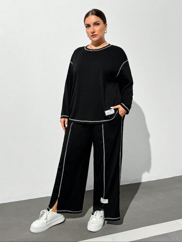 Ensemble deux pièces grande taille pour femme (noir et blanc) : t-shirt à manches longues et pantalon habillé. Style élégant, chic décontracté et détente. Convient pour le bureau, l'automne et le printemps.