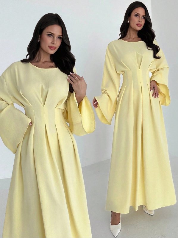 Robe longue élégante jaune pâle pour femme Firerie – Style sobre et sophistiqué, idéale pour l'été, les vacances, les mariages ou l'Aïd ; manches longues, taille froncée et coupe évasée.