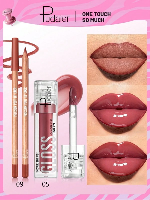 Ensemble Pudaier (2 pièces) – Kit crayon contour des lèvres longue tenue et brillant à lèvres – Formule waterproof, sans transfert et hautement pigmentée – Cadeau idéal pour les femmes, adapté au quotidien, aux rendez-vous et aux soirées.