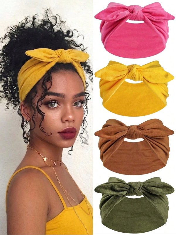 Lot de 4 accessoires pour cheveux pour femme : bandeau large style « oreilles de lapin », accessoire uni mignon et élégant, et élastique à nœud