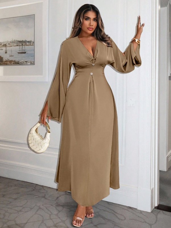 Robe élégante Xyvia pour femme, couleur unie, col en V, manches longues, taille cintrée et fendue.
