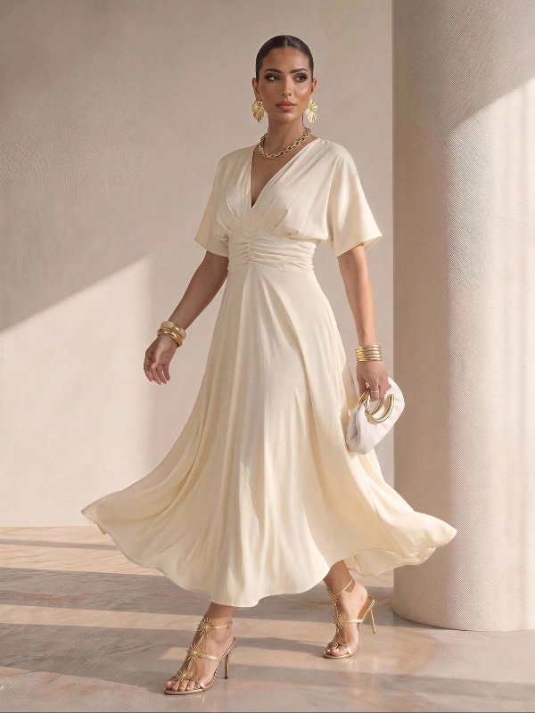 Robe trapèze Xyvia à col en V, épaules tombantes, manches 3/4 et taille cintrée