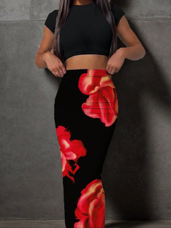 Ensemble Slaydiva 2 pièces pour femme : haut court à manches courtes avec motif floral et jupe longue moulante (style estival)