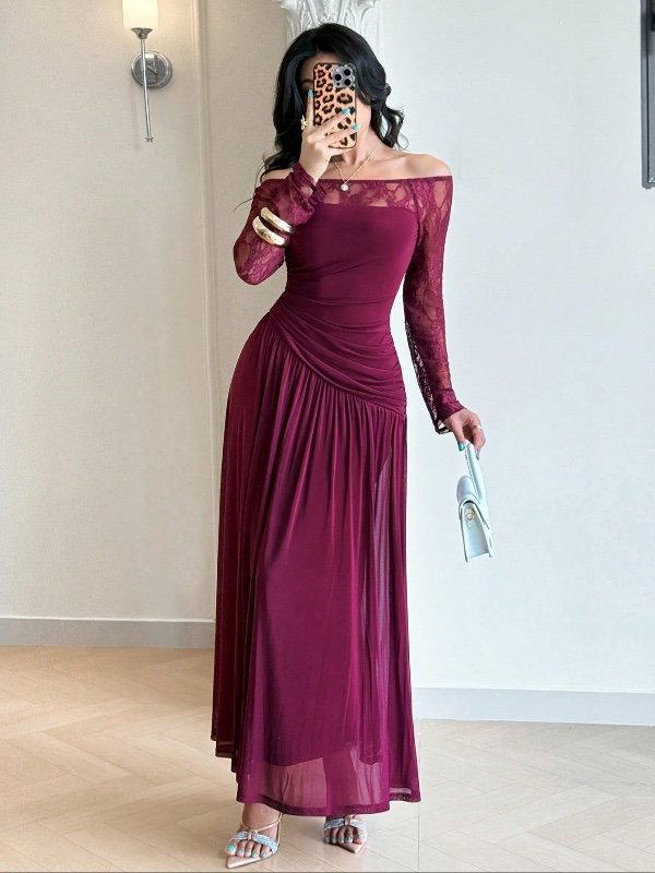 Robe élégante Modelyn pour femme, manches longues, épaules dénudées, détails en dentelle contrastante et effet drapé