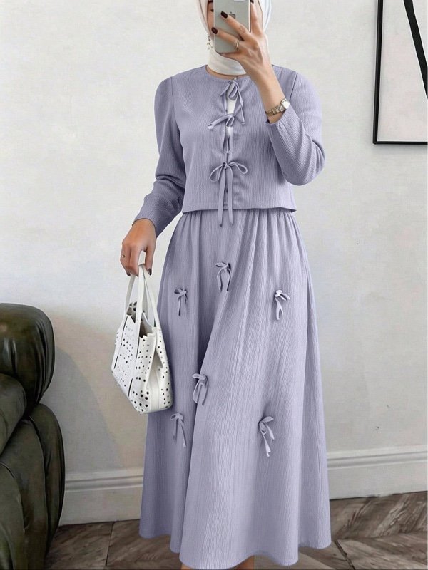 Ensemble deux pièces Solavon pour femme (violet clair, style pudique) : haut élégant à manches longues et nœud sur le devant avec jupe en lin